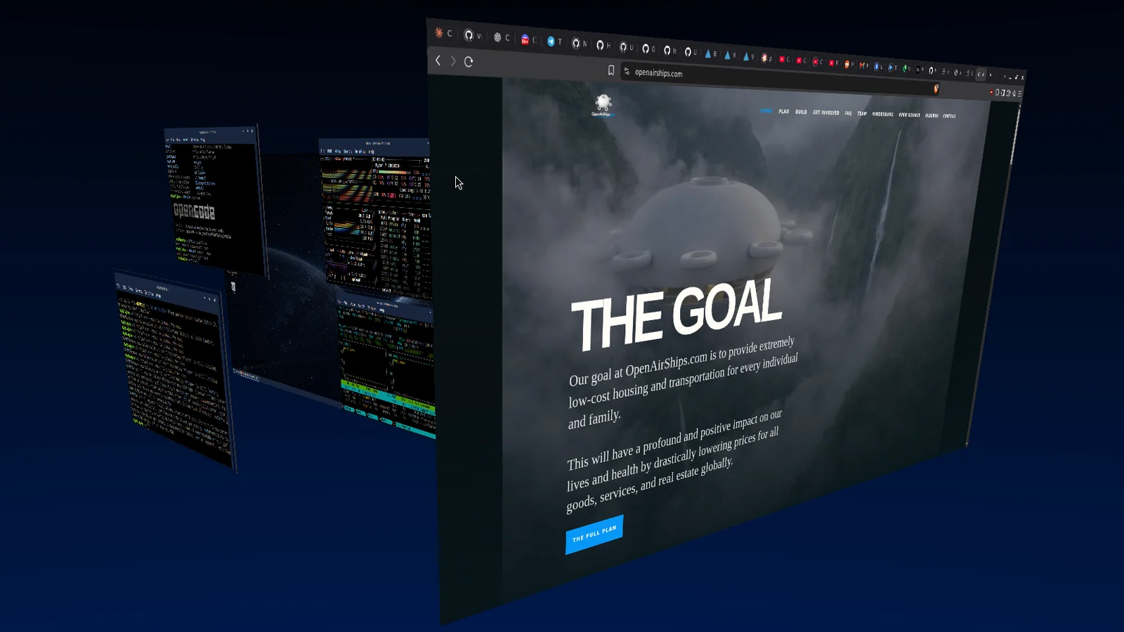 Spaced Linux desktop with Compiz’s workspace cube, a web browser, and a terminal against a dark blue background.
